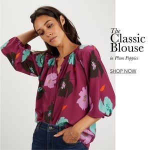 Tucker The Classic Blouse Plum Poppies in Crepe de Chine Silk Floral Smock Neck